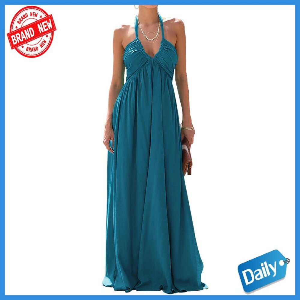 Sexy Halter Backless Maxi Dress Smocked High Waisted A-Line Formal